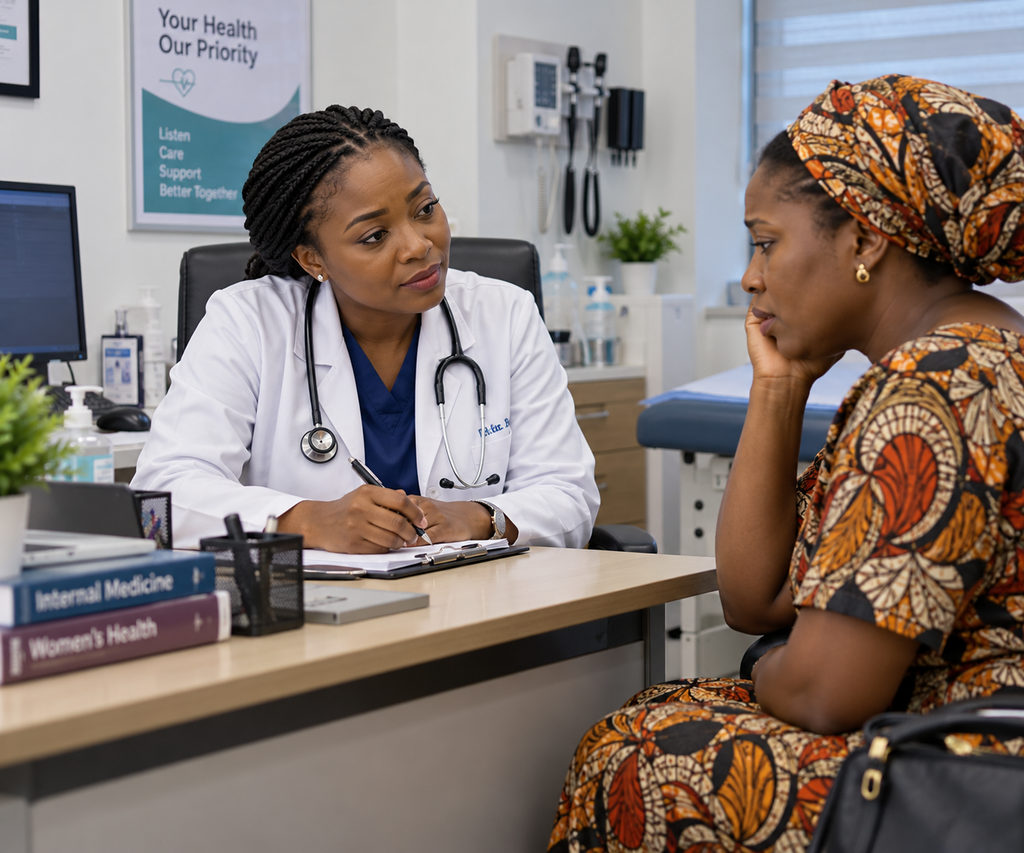 Female doctor in Nigeria explaining abnormal vaginal discharge causes and treatment options to a patient
