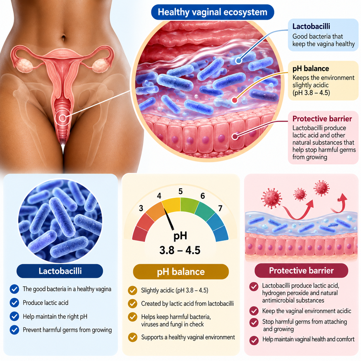 Diagram showing the vaginal ecosystem and how bacterial imbalance leads to abnormal vaginal discharge